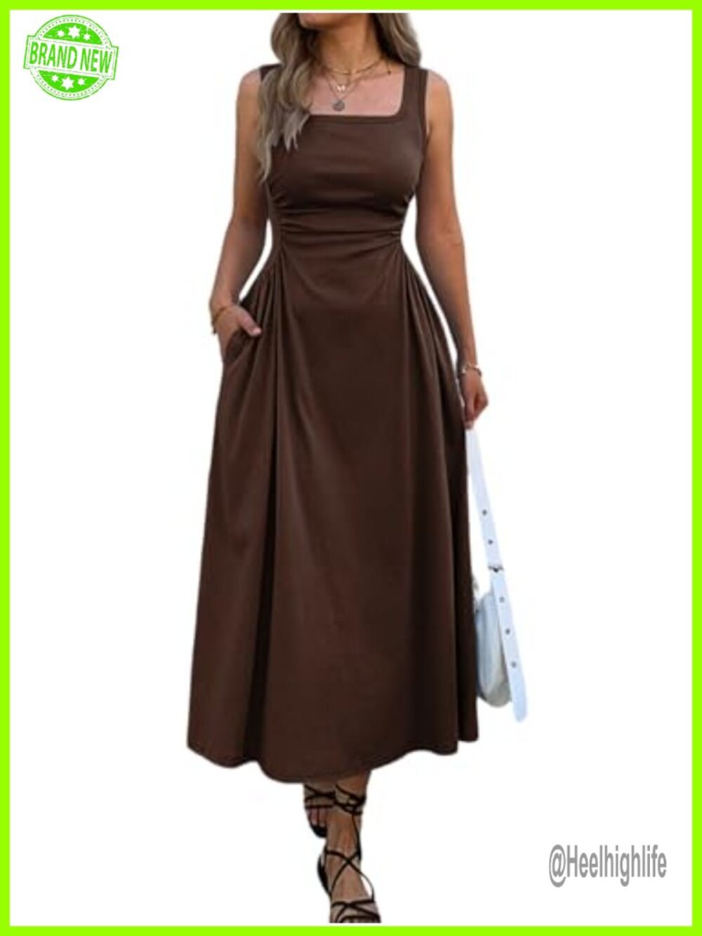 Sleeveless Square Neck Slim-Fit Maxi Dress Ruched Waist with Pockets